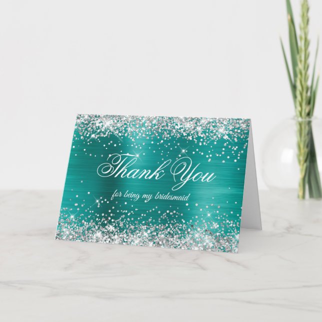 Silver Glitter Aqua Teal Foil Bridesmaid Dankeskarte (Vorderseite)
