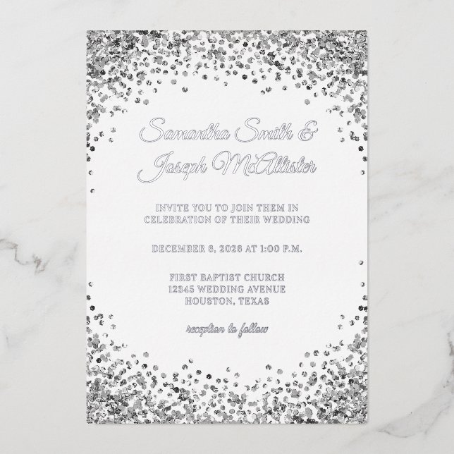 Silver Glitter Border Black Wedding Folieneinladung (Vorderseite)