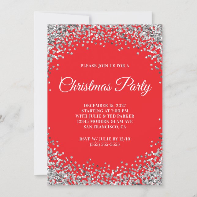 Silver Glitter Border Red Christmas Party Einladung (Vorderseite)