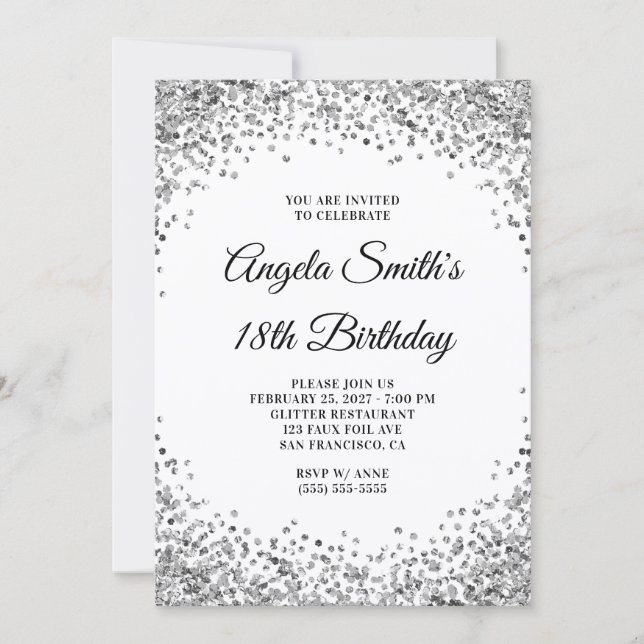Silver Glitter Border White 18th Birthday Einladung (Vorderseite)