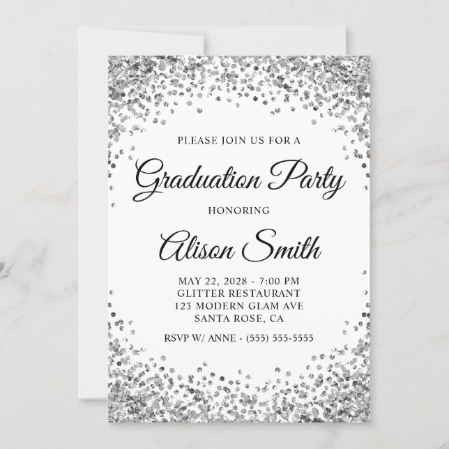 Silver Glitter Border White Graduation Party Einladung (Vorderseite)