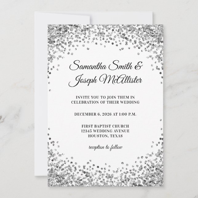 Silver Glitter Border White Wedding Einladung (Vorderseite)