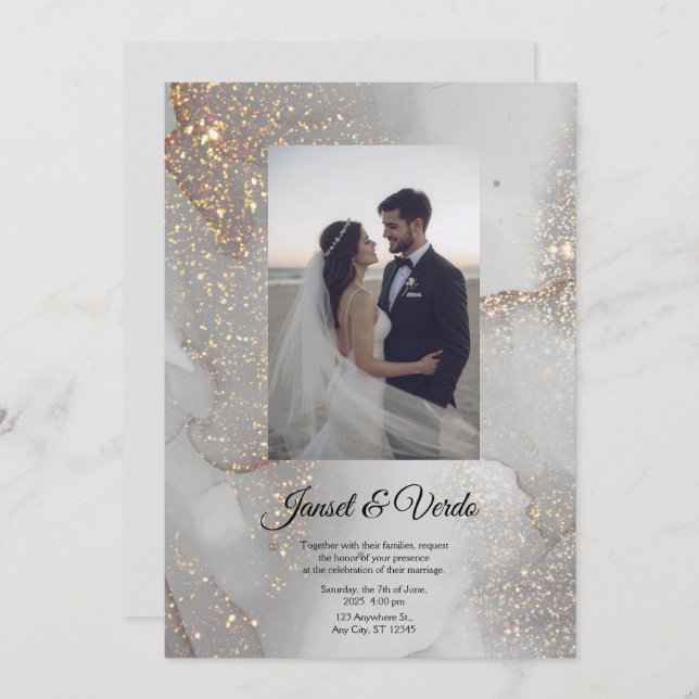 Silver Glitter Bride and Groom Wedding Invitation Einladung (Vorne/Hinten)
