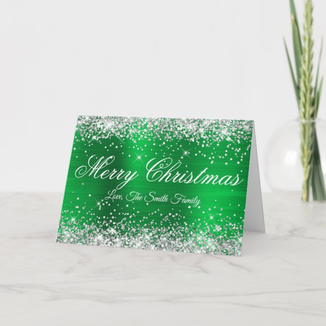 Silver Glitter Bright Green Foil Family Photo Karte (Vorderseite)