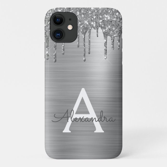 Silver Glitter Brushed Metal Monogram Name Case-Mate iPhone Hülle (Rückseite)
