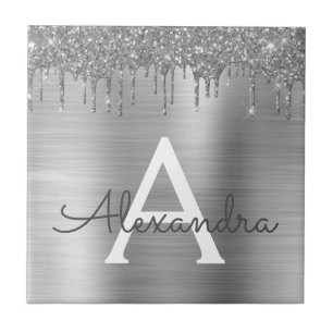 Silver Glitter Brushed Metal Monogram Name Fliese