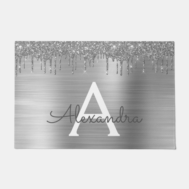 Silver Glitter Brushed Metal Monogram Name Fußmatte (Vorderseite)