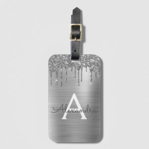 Silver Glitter Brushed Metal Monogram Name Gepäckanhänger