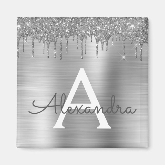 Silver Glitter Brushed Metal Monogram Name Magnet (Vorne)