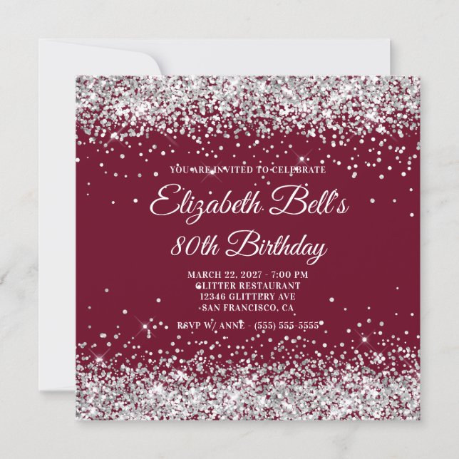 Silver Glitter Burgundy 80th Birthday Einladung (Vorderseite)