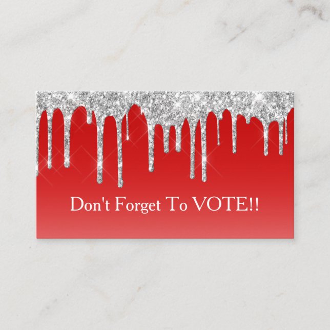 Silver Glitter Drip Red Background Vote Reminder Visitenkarte (Vorderseite)