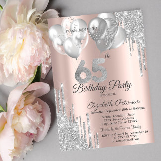 Silver Glitter Drips Balloons 65th Birthday  Einladung