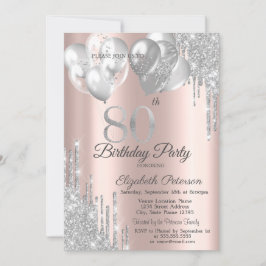 Silver Glitter Drips Balloons 80th Birthday Einladung