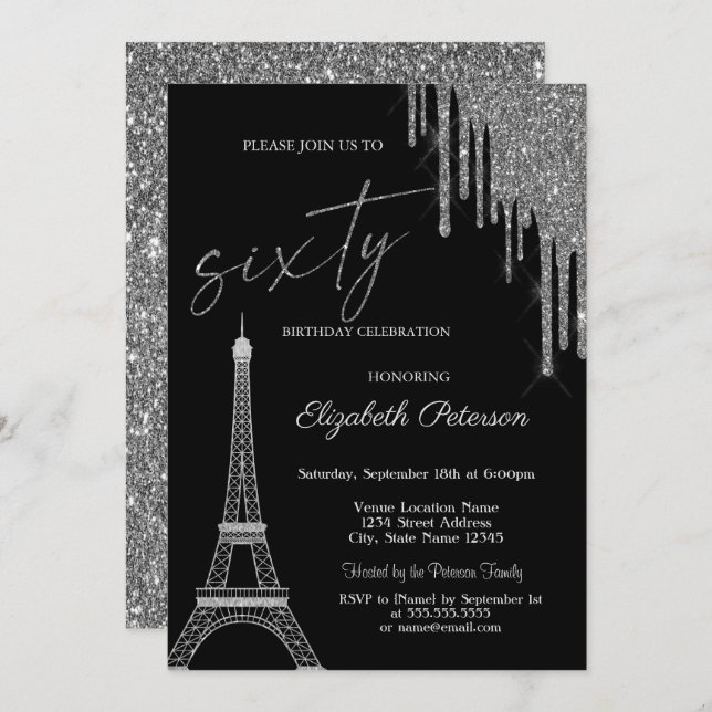 Silver Glitter Drips, Eiffel Tower 60t Birthday  Einladung (Vorne/Hinten)