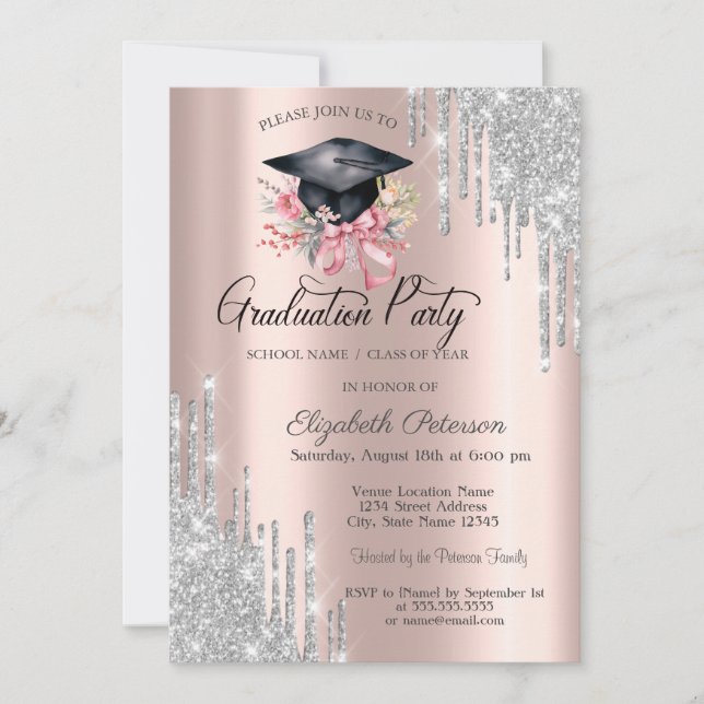 Silver Glitter Drips Floral Grad Cap Rose Gold Einladung (Vorderseite)