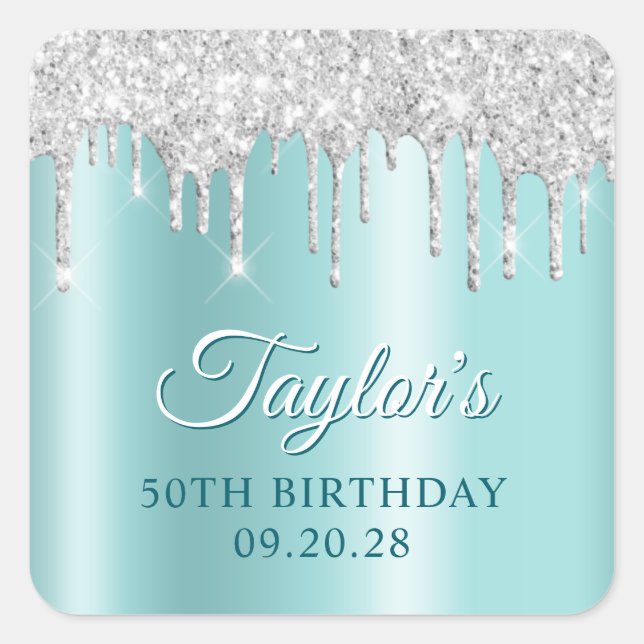 Silver Glitter Drips Light Turquoise Drop Shadow Quadratischer Aufkleber (Vorderseite)
