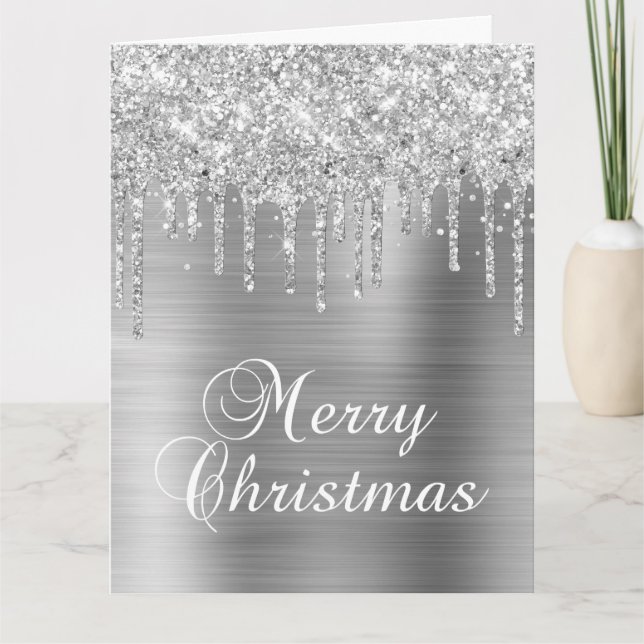 Silver Glitter Drips Metallic Merry Christmas Karte (Vorderseite)