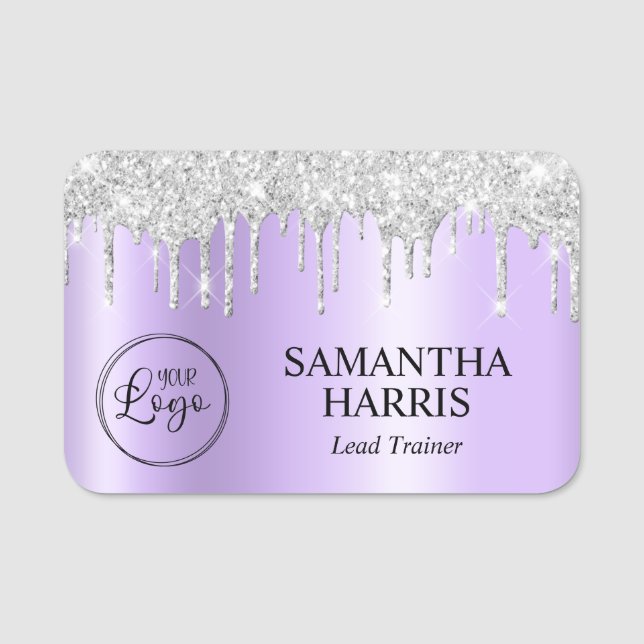 Silver Glitter Drips Pale Lavender Shimmer Namensschild (Vorderseite)