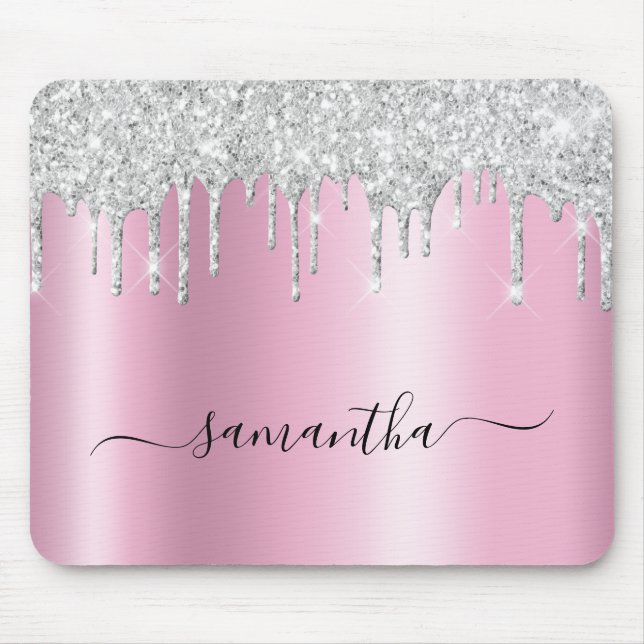 Silver Glitter Drips Pink Shimmer Mousepad (Vorne)