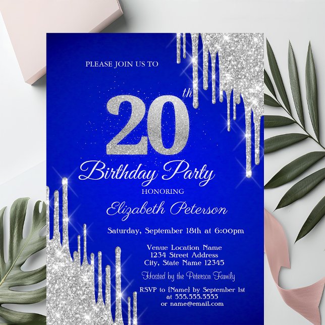 Silver Glitter Drips Royal Blue 20th Birthday  Einladung (Von Creator hochgeladen)