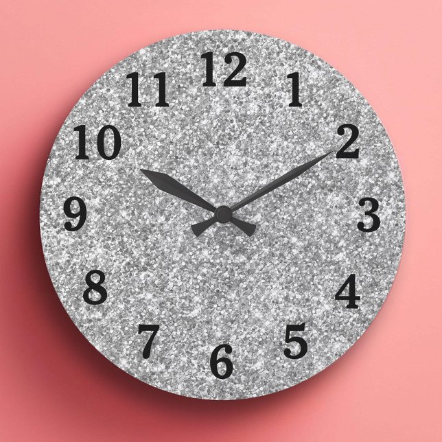Silver Glitter Foto Black Numbers Große Wanduhr (Silver Glitter Photo Black Numbers Large Clock)