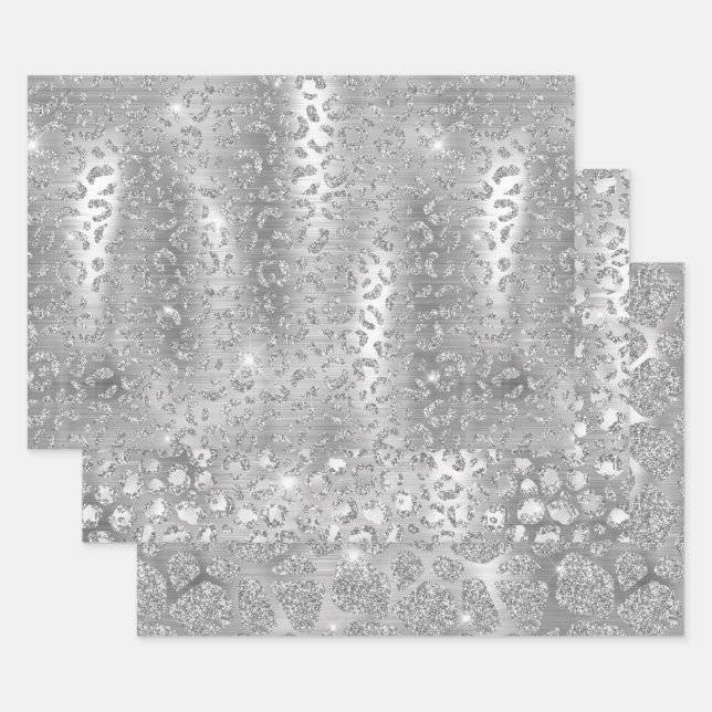 Silver Glitter Giraffe & Leopard Spots Patterns Geschenkpapier Set (Set)
