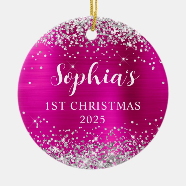 Silver Glitter Hot Pink Foil 1st Christmas Photo Keramik Ornament (Vorne)