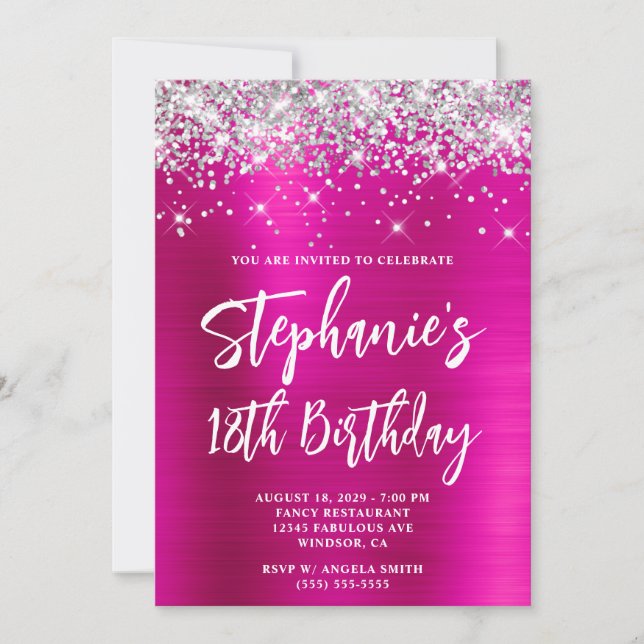 Silver Glitter Hot Pink Foil Bold 18th Birthday Einladung (Vorderseite)