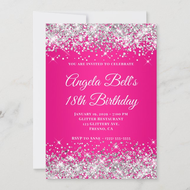 Silver Glitter Hot Pink Ombre 18th Birthday Einladung (Vorderseite)