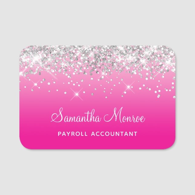 Silver Glitter Light and Hot Pink Ombre Namensschild (Vorderseite)