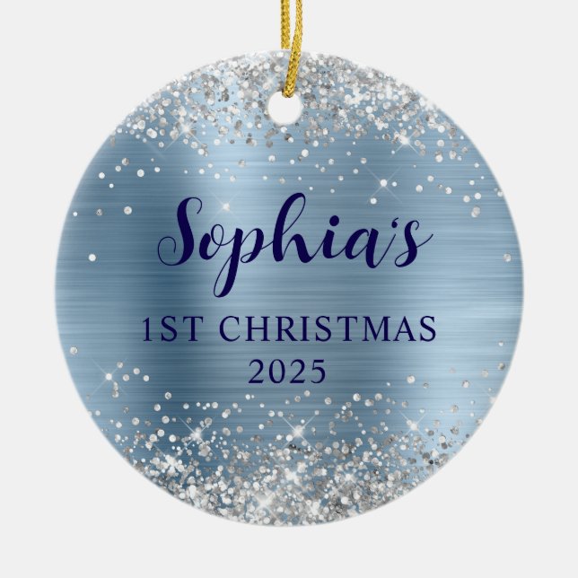 Silver Glitter Light Blue Foil 1st Christmas Photo Keramik Ornament (Vorne)