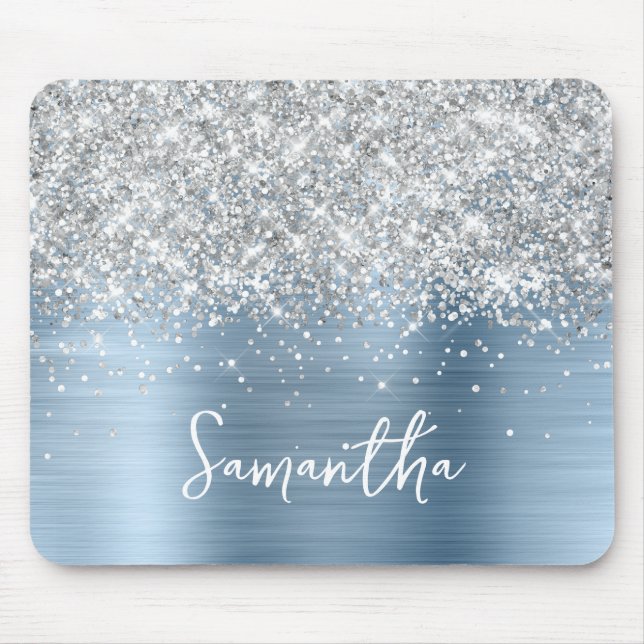 Silver Glitter Light Blue Glam Name Mousepad (Vorne)