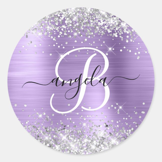 Silver Glitter Light Purple Foil Elegantes Monogra Runder Aufkleber (Vorderseite)