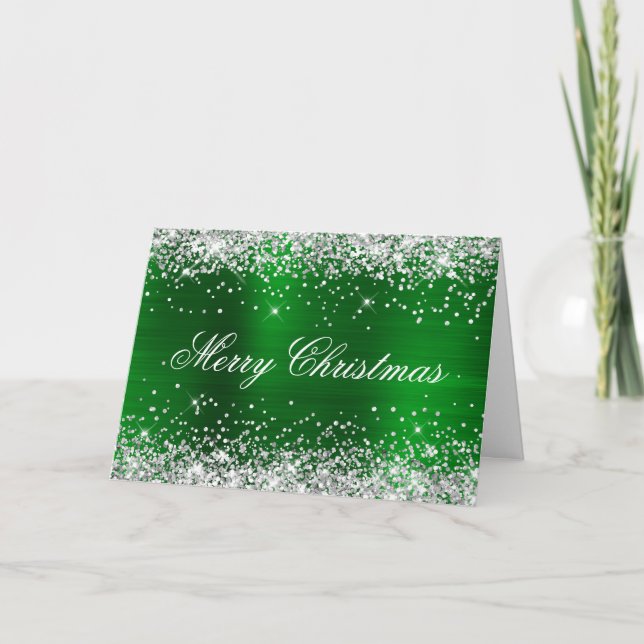 Silver Glitter Metallic Green Family Photo Karte (Vorderseite)