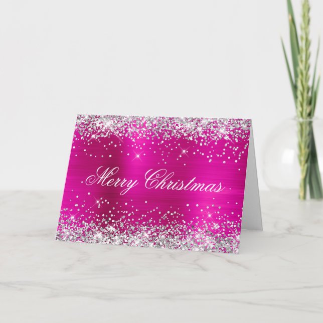 Silver Glitter Metallic Hot Pink Family Photo Karte (Vorderseite)