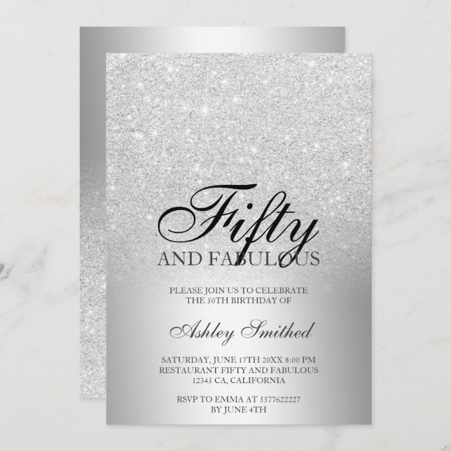 Silver Glitter Metallschatten Fifty Fabulous Einladung (Vorne/Hinten)