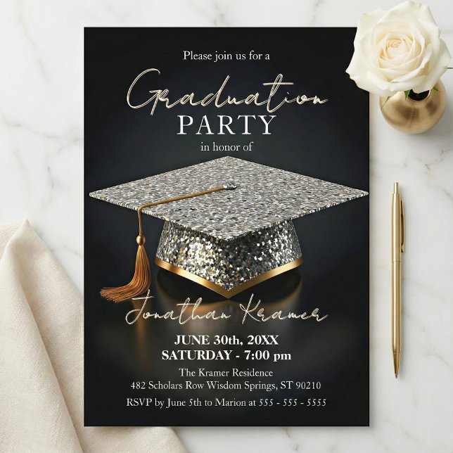 Silver Glitter Mosaic Black Gold Graduation Party Einladung (Von Creator hochgeladen)