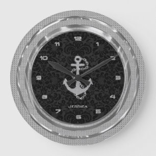Silver Glitter Nautical Anchor Black Background 2 Große Wanduhr