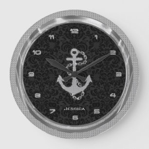 Silver Glitter Nautical Anchor Black Background Große Wanduhr