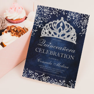 Silver glitter navy blue cement tiara Quinceañera Einladung
