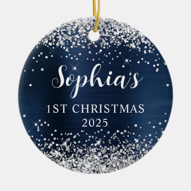 Silver Glitter Navy Blue Foil 1st Christmas Photo Keramik Ornament (Vorne)