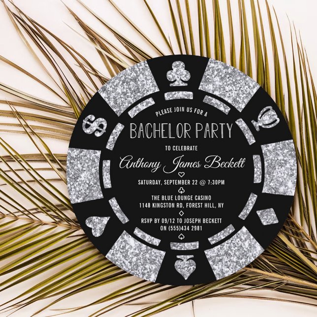 Silver Glitter Poker Chip Las Vegas Bachelor Party Einladung (Von Creator hochgeladen)