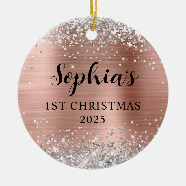 Silver Glitter Rose Gold Foil 1st Christmas Photo Keramik Ornament (Vorne)