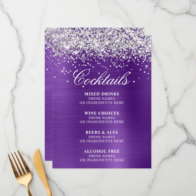 Silver Glitter Royal Purple Foil Cocktails Bar Menükarte (Vorderseite/Rückseite Beispiel)
