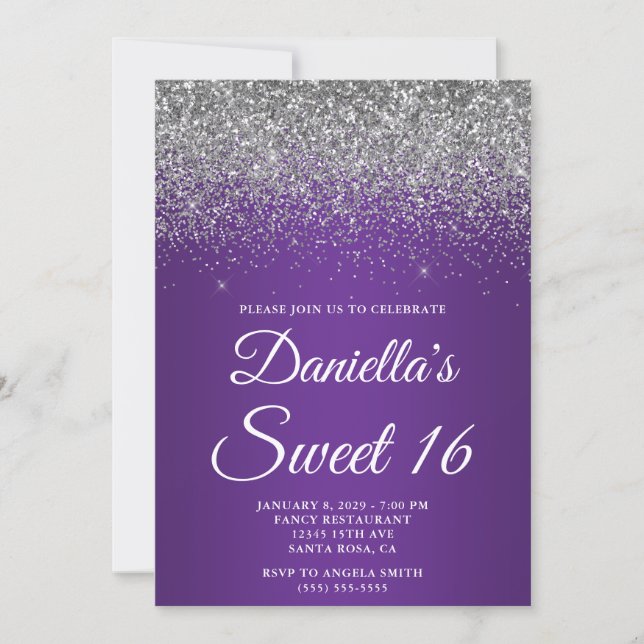 Silver Glitter Royal Purple Gradient Sweet 16 Einladung (Vorderseite)