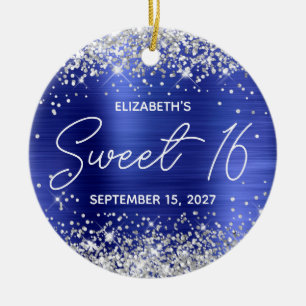 Silver Glitter Sapphire Blue Fancy Sweet 16 Photo Keramik Ornament