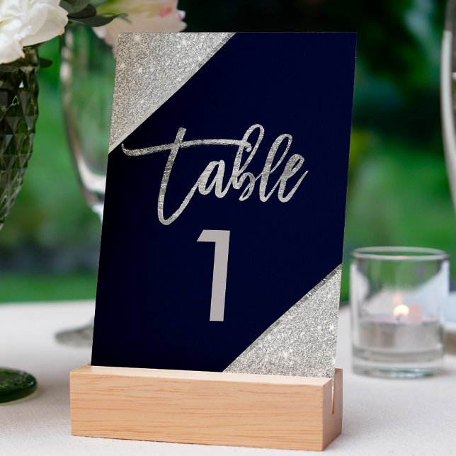 Silver glitter script navy blue table number tischnummer (Von Creator hochgeladen)