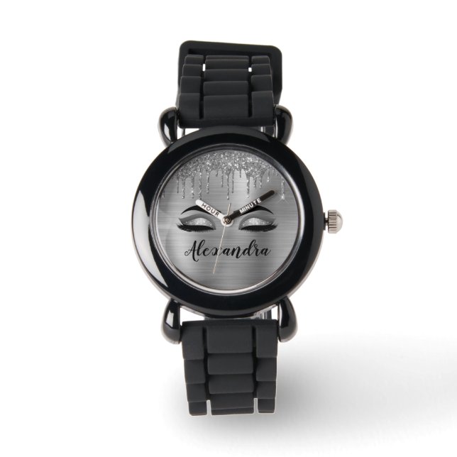 Silver Glitter Sparkle Eyelashes Monogram Armbanduhr (Vorderseite)