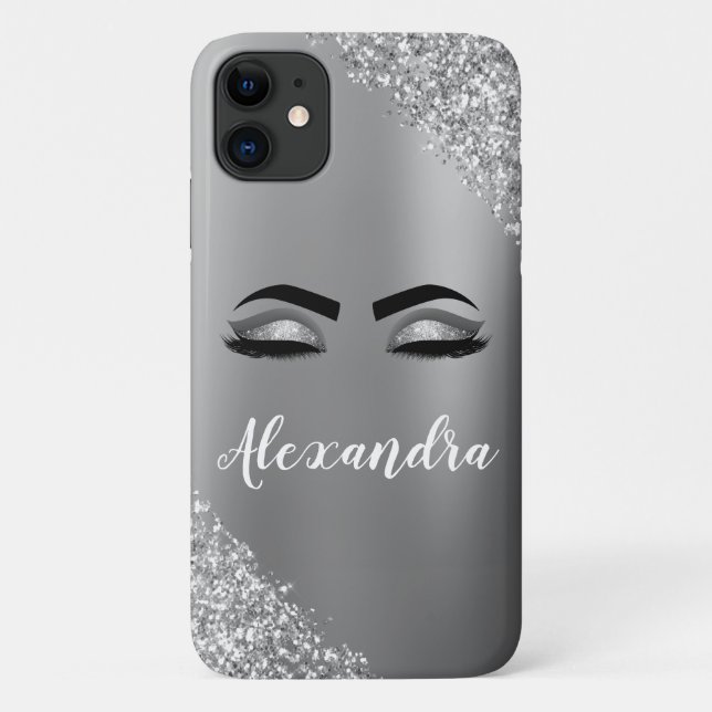 Silver Glitter Sparkle Eyelashes Monogram Case-Mate iPhone Hülle (Rückseite)