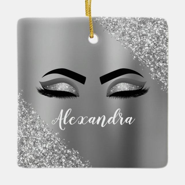 Silver Glitter Sparkle Eyelashes Monogram Keramikornament (Vorderseite)